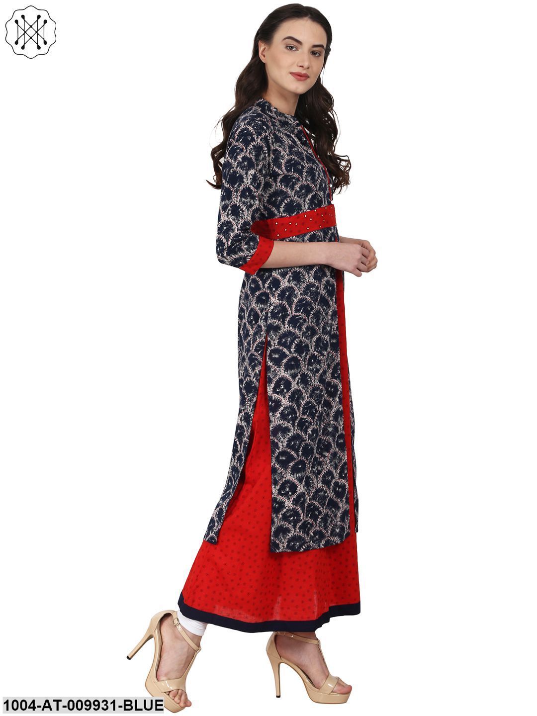 Blue Printed 3/4 Sleeve Double Layer Bottom Cut Cotton Kurta