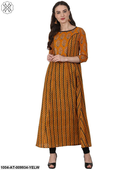Yellow Printed 3/4 Sleeve Cotton A-Line Kurta