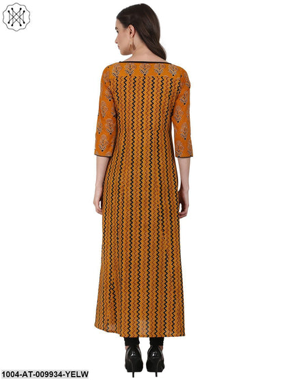 Yellow Printed 3/4 Sleeve Cotton A-Line Kurta