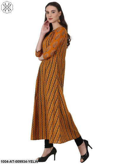 Yellow Printed 3/4 Sleeve Cotton A-Line Kurta
