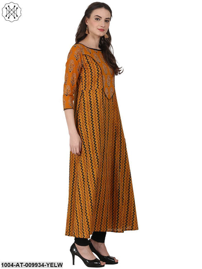 Yellow Printed 3/4 Sleeve Cotton A-Line Kurta