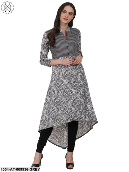 Grey Printd 3/4 Sleeve Cotton Low High Kurta