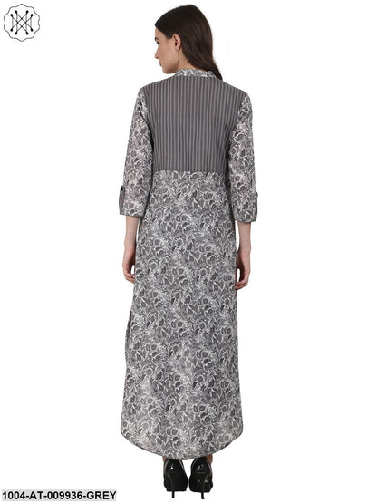 Grey Printd 3/4 Sleeve Cotton Low High Kurta