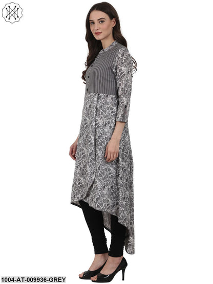Grey Printd 3/4 Sleeve Cotton Low High Kurta