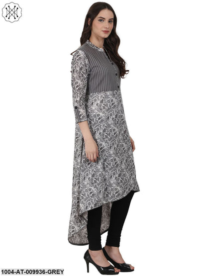 Grey Printd 3/4 Sleeve Cotton Low High Kurta