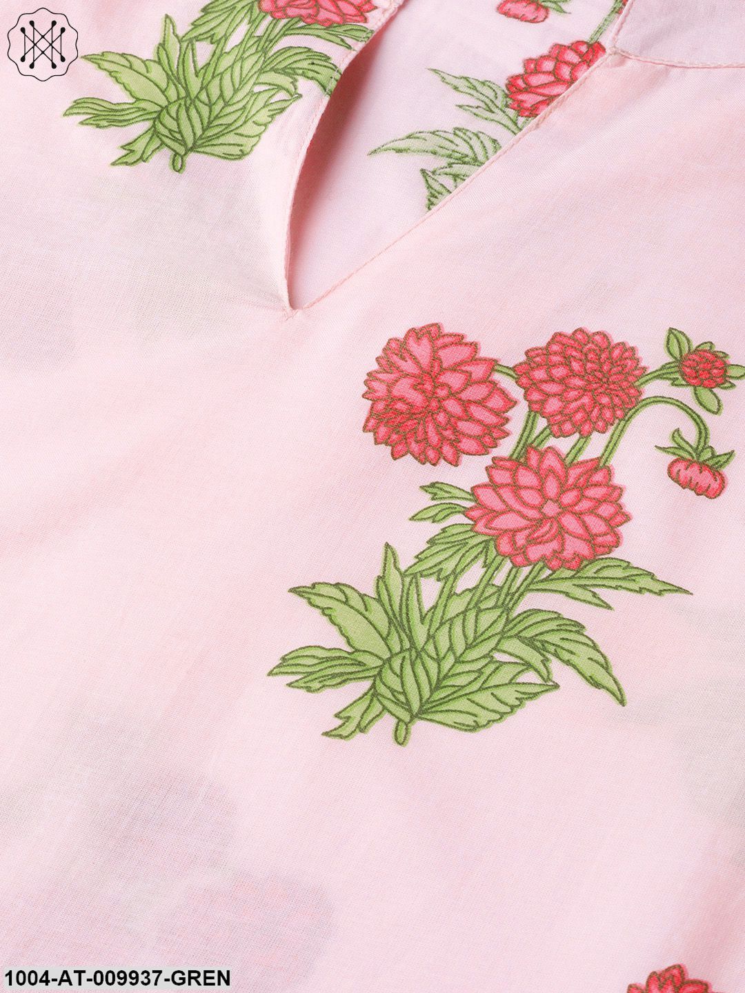 Women Pink & Green Cotton Straight Floral Printed Kurta