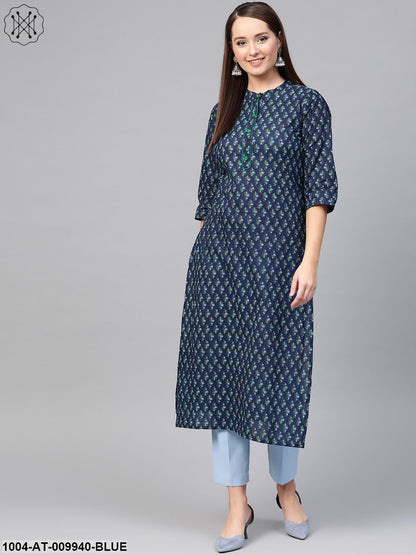 Women Navy Blue & Blue Cotton Straight Ethnic Motifs Printed Kurta