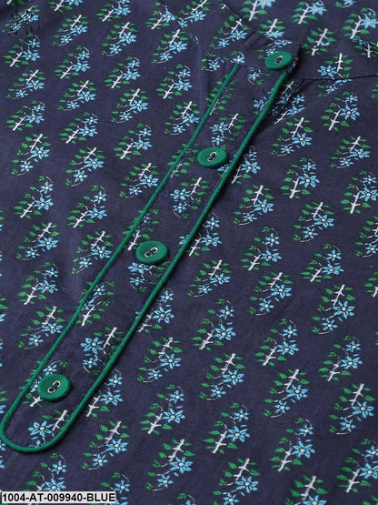 Women Navy Blue & Blue Cotton Straight Ethnic Motifs Printed Kurta