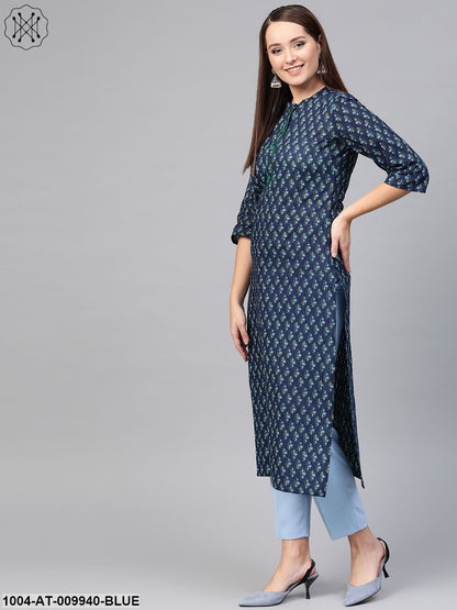 Women Navy Blue & Blue Cotton Straight Ethnic Motifs Printed Kurta