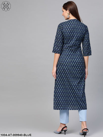 Women Navy Blue & Blue Cotton Straight Ethnic Motifs Printed Kurta