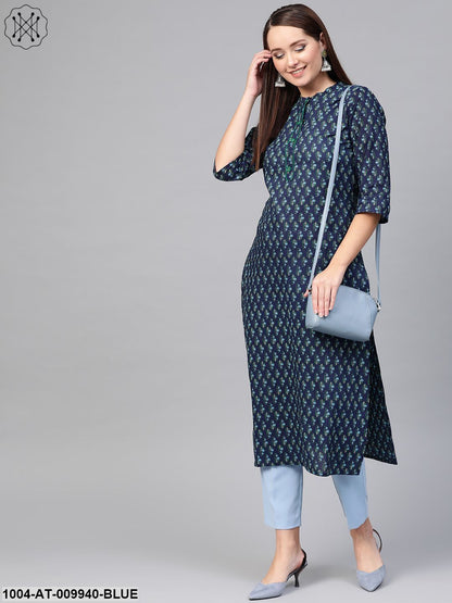 Women Navy Blue & Blue Cotton Straight Ethnic Motifs Printed Kurta