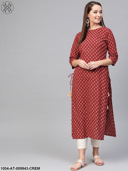 Women Maroon & Cream Cotton Straight Ethnic Motifs Printed Kurta
