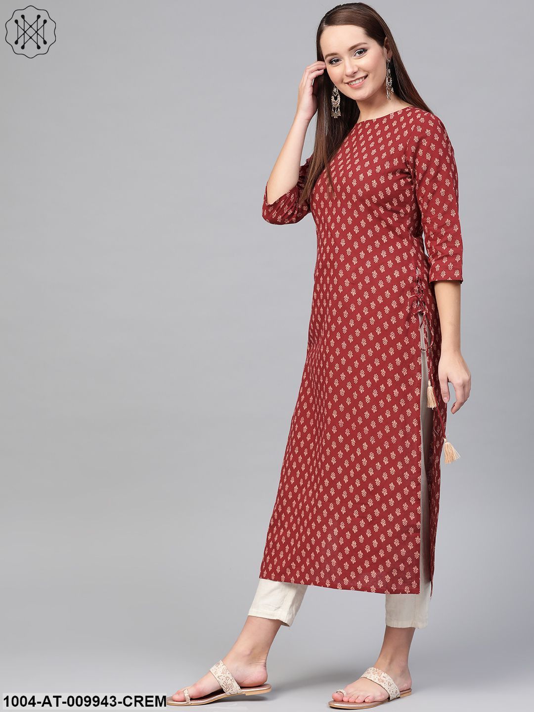 Women Maroon & Cream Cotton Straight Ethnic Motifs Printed Kurta