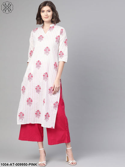 Women White & Pink Cotton Straight Floral Printed Kurta