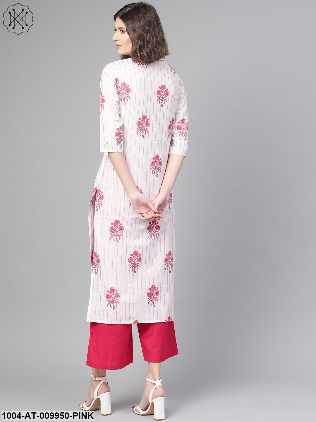 Women White & Pink Cotton Straight Floral Printed Kurta