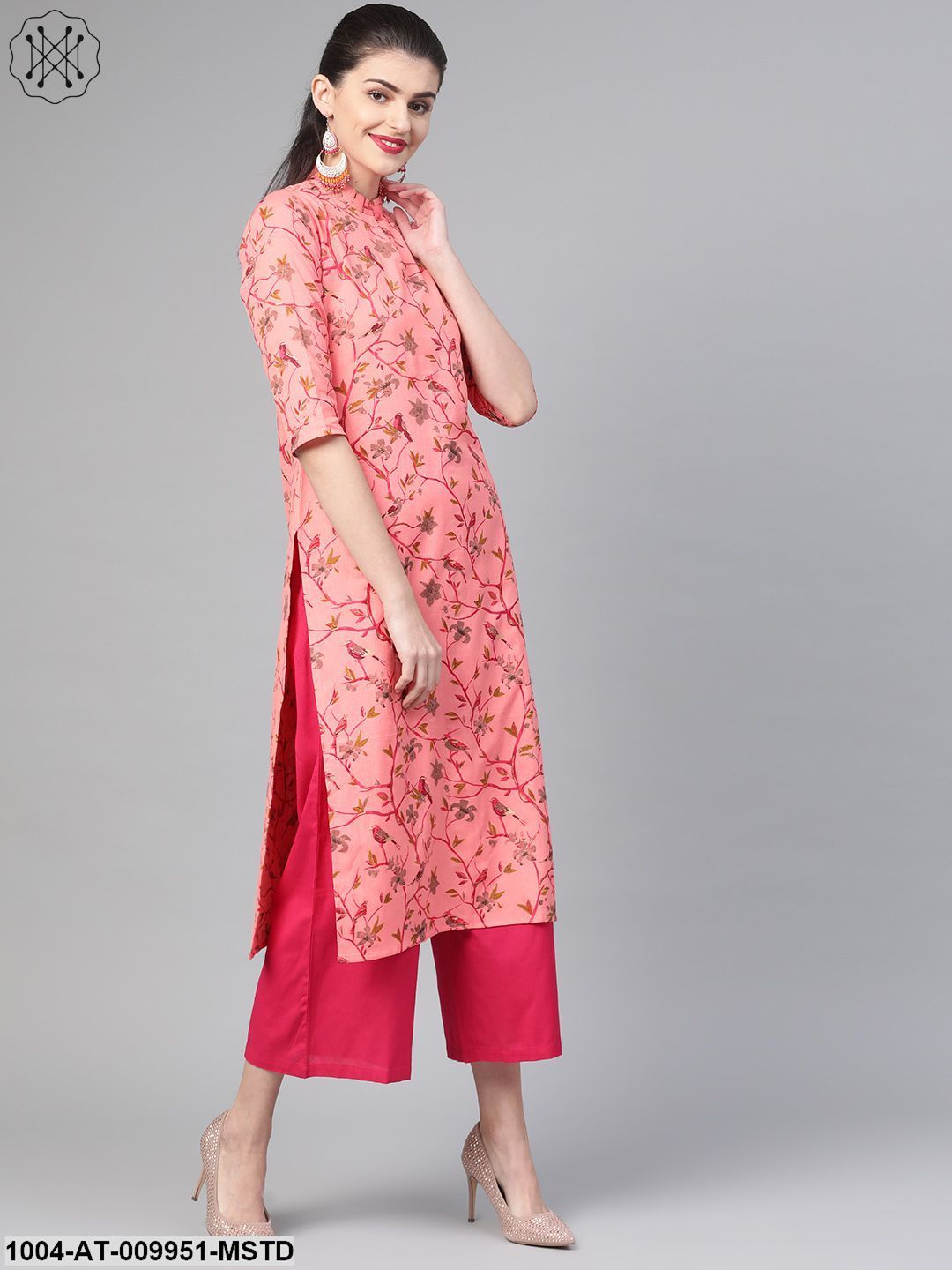 Women Pink & Mustard Cotton Straight Floral Printed Kurta