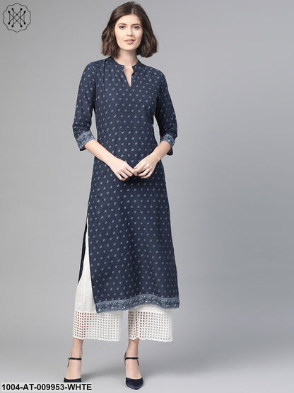 Women Navy Blue & White Cotton Straight Ethnic Motifs Printed Kurta