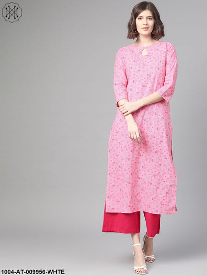 Women Pink & White Cotton Straight Floral Printed Kurta