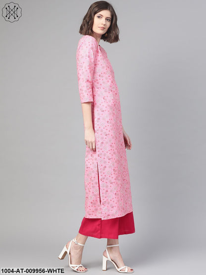 Women Pink & White Cotton Straight Floral Printed Kurta