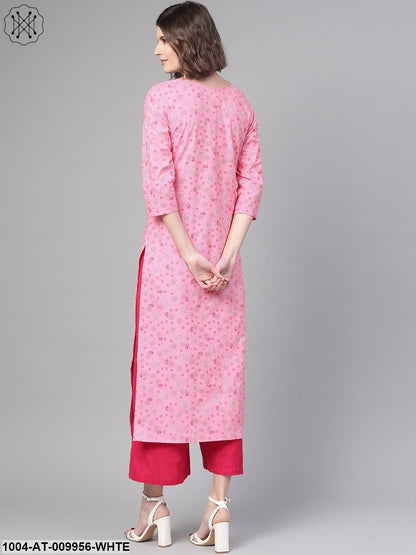 Women Pink & White Cotton Straight Floral Printed Kurta