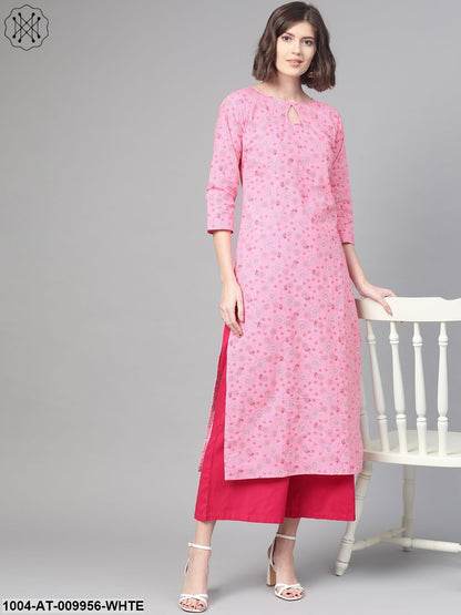 Women Pink & White Cotton Straight Floral Printed Kurta