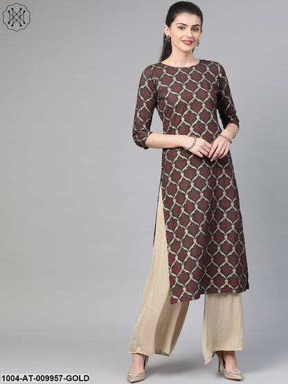 Women Olive & Gold Cotton Straight Geometric Printed Kurta