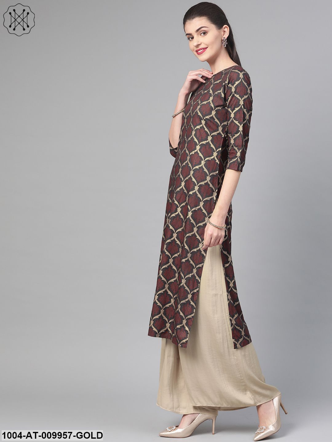 Women Olive & Gold Cotton Straight Geometric Printed Kurta