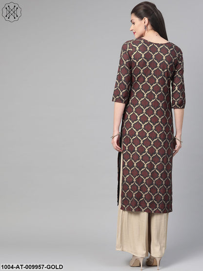 Women Olive & Gold Cotton Straight Geometric Printed Kurta