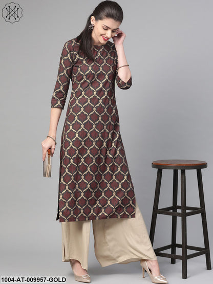 Women Olive & Gold Cotton Straight Geometric Printed Kurta