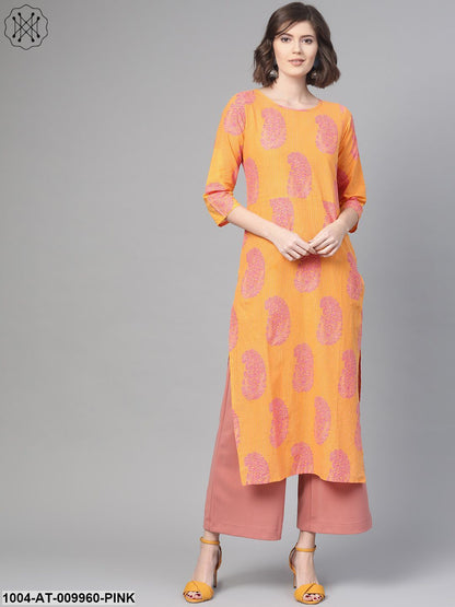 Women Orange & Pink Cotton Straight Paisley Printed Kurta