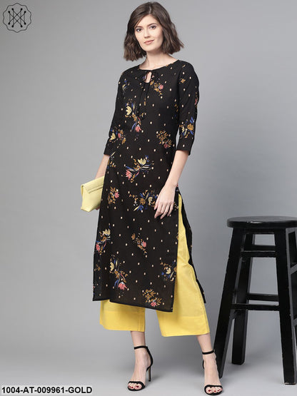 Women Black & Gold Cotton Straight Floral Printed Kurta