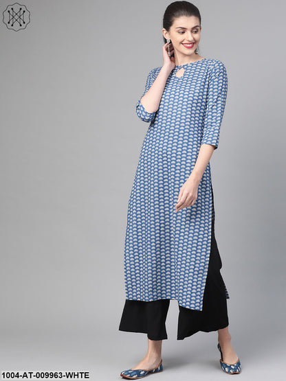 Women Blue & White Cotton Straight Floral Printed Kurta