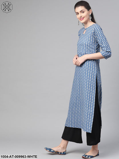Women Blue & White Cotton Straight Floral Printed Kurta