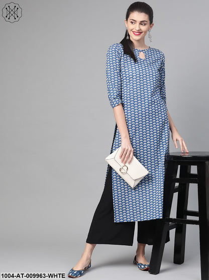 Women Blue & White Cotton Straight Floral Printed Kurta