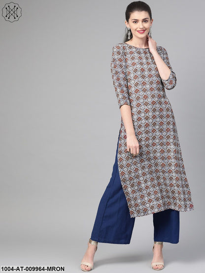 Women Grey & Maroon Cotton Straight Geometric Printed Kurta