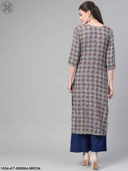 Women Grey & Maroon Cotton Straight Geometric Printed Kurta