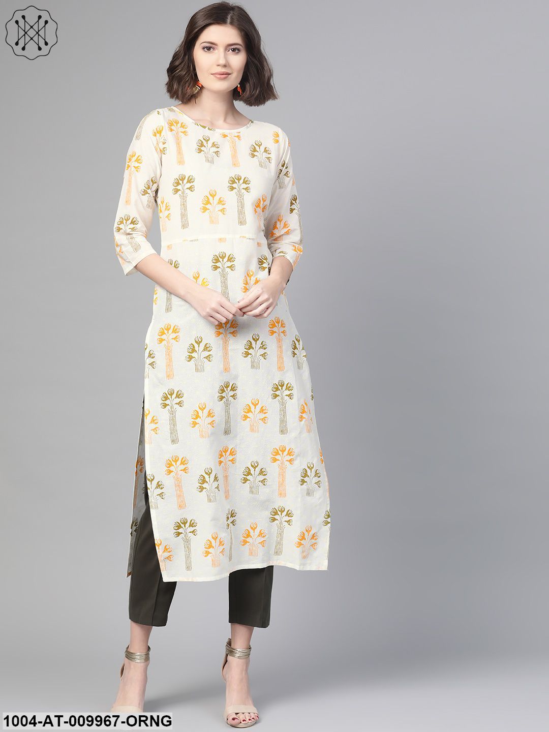 Women White & Orange Cotton Straight Floral Printed Kurta