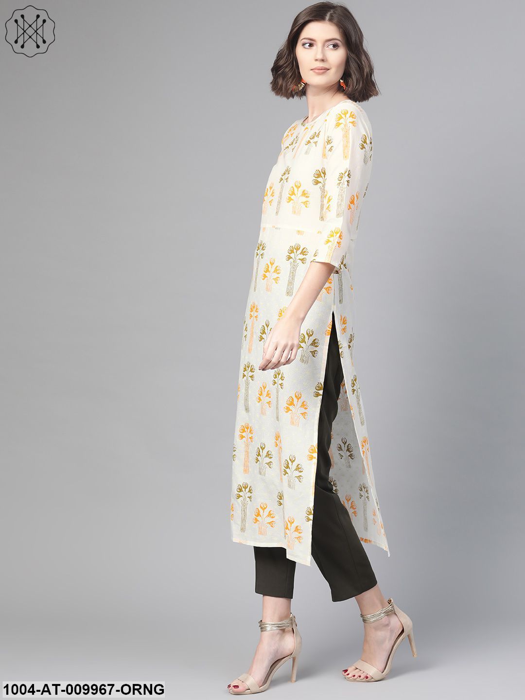 Women White & Orange Cotton Straight Floral Printed Kurta