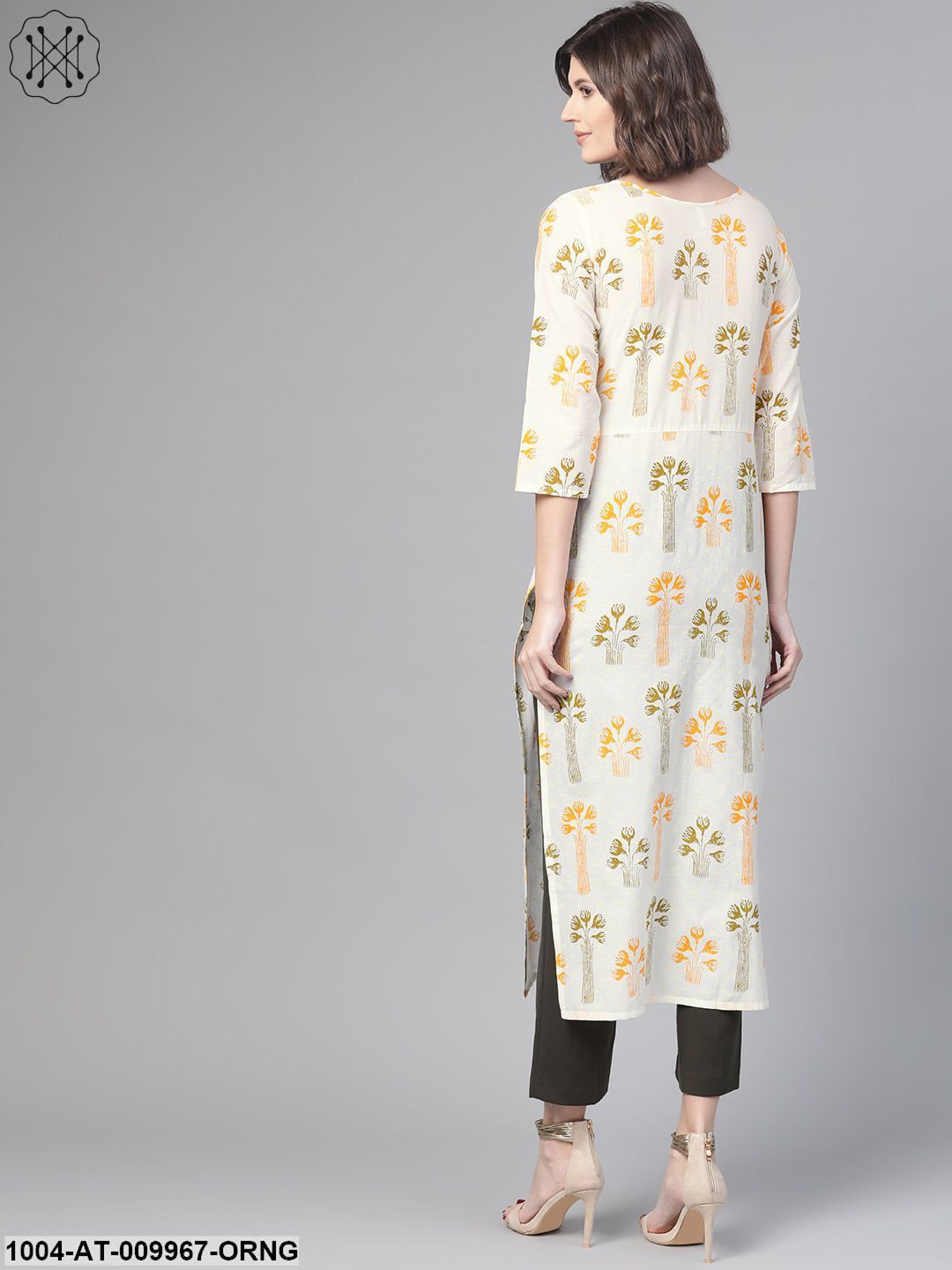 Women White & Orange Cotton Straight Floral Printed Kurta