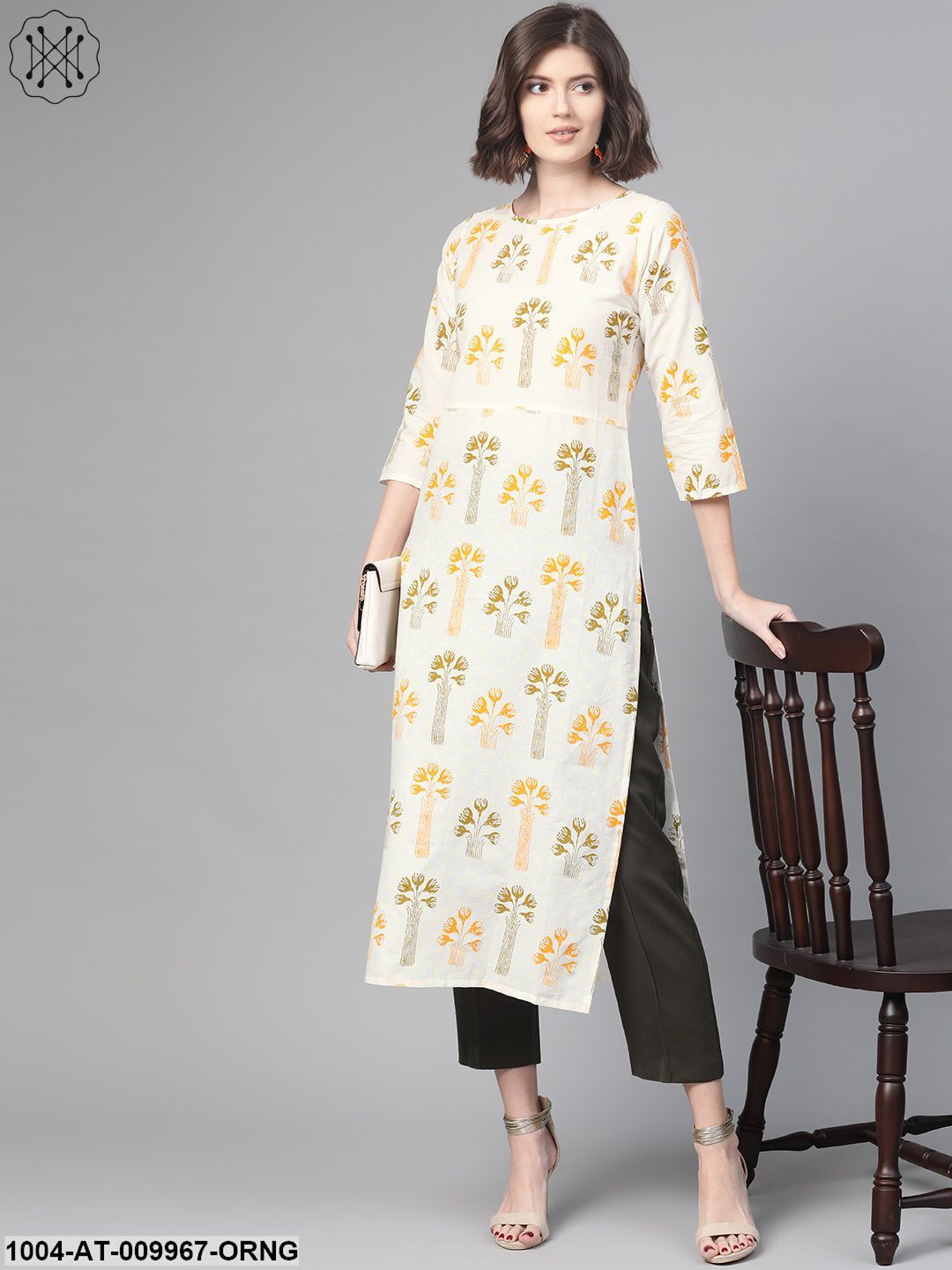 Women White & Orange Cotton Straight Floral Printed Kurta