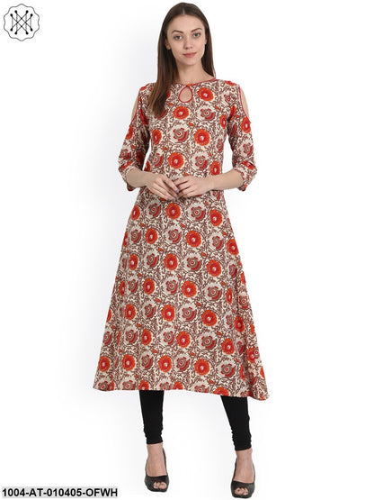 Women Solid Off White Three-Quarter Sleeves Keyhole Neck Cotton A-Line Kurta