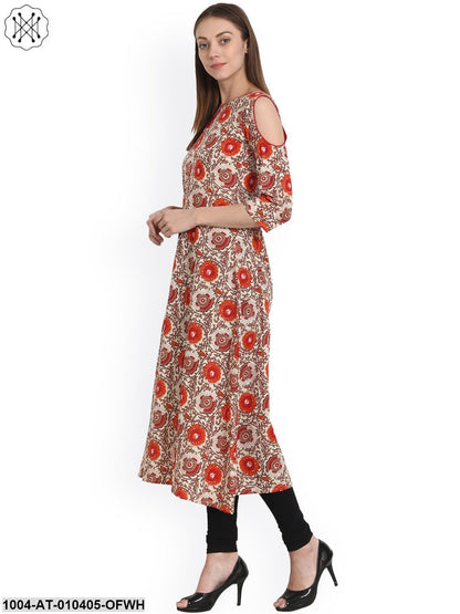 Women Solid Off White Three-Quarter Sleeves Keyhole Neck Cotton A-Line Kurta
