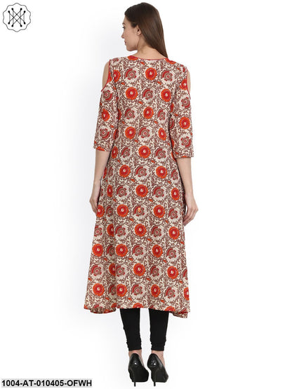 Women Solid Off White Three-Quarter Sleeves Keyhole Neck Cotton A-Line Kurta