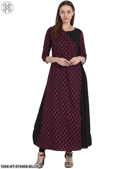 Women Printed Black Three-Quarter Sleeves Round Neck Cotton A-Line Kurta