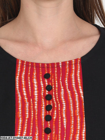 Women Printed Black Three-Quarter Sleeves Round Neck Cotton A-Line Kurta