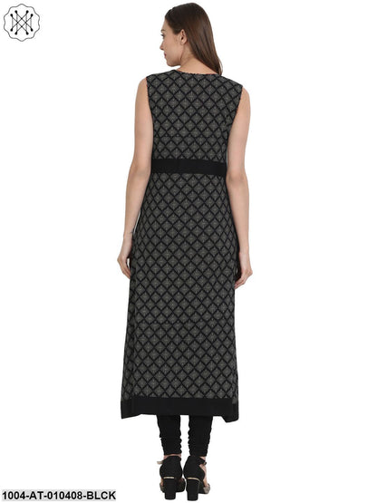 Women Printed Black Sleeveless Round Neck Cotton Straight Kurta