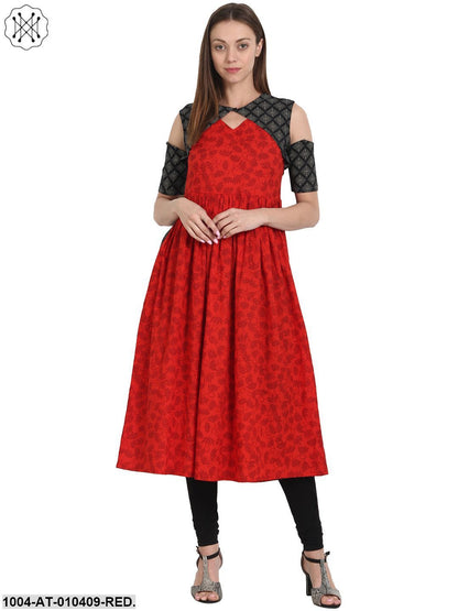 Women Printed Red Short Sleeves Keyhole Neck Cotton Anarkali Kurta