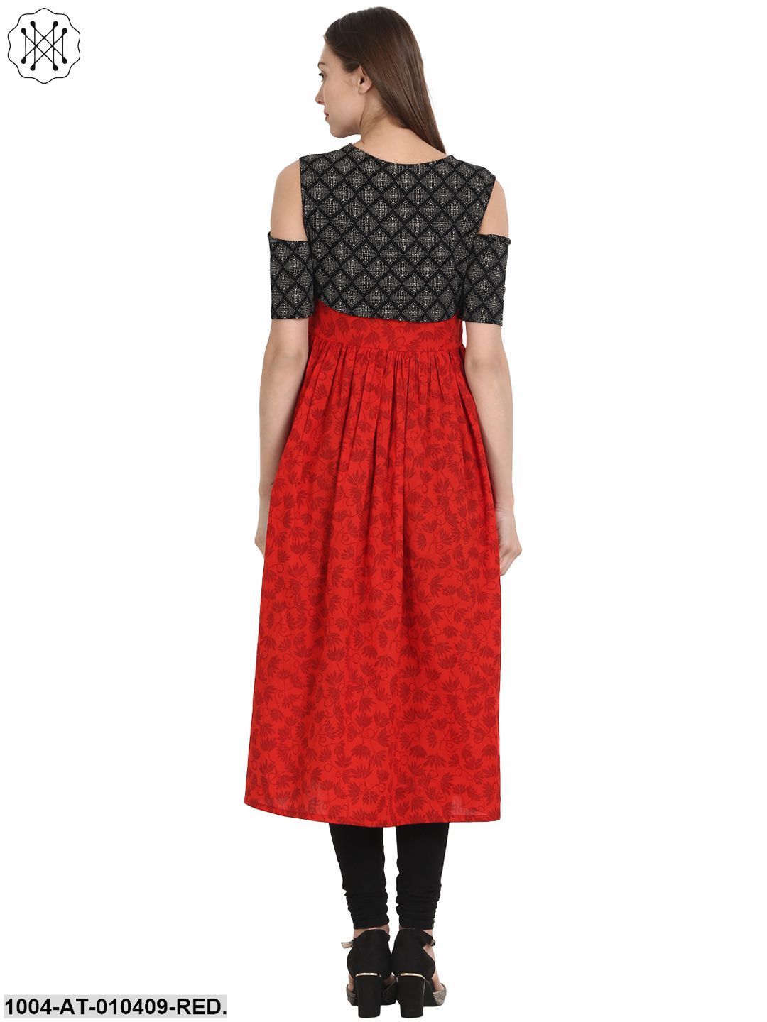 Women Printed Red Short Sleeves Keyhole Neck Cotton Anarkali Kurta