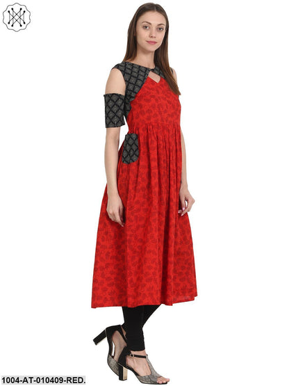 Women Printed Red Short Sleeves Keyhole Neck Cotton Anarkali Kurta
