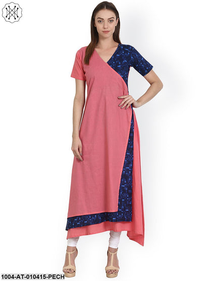 Women Solid Peach Short Sleeves V-Neck Cotton A-Line Kurta